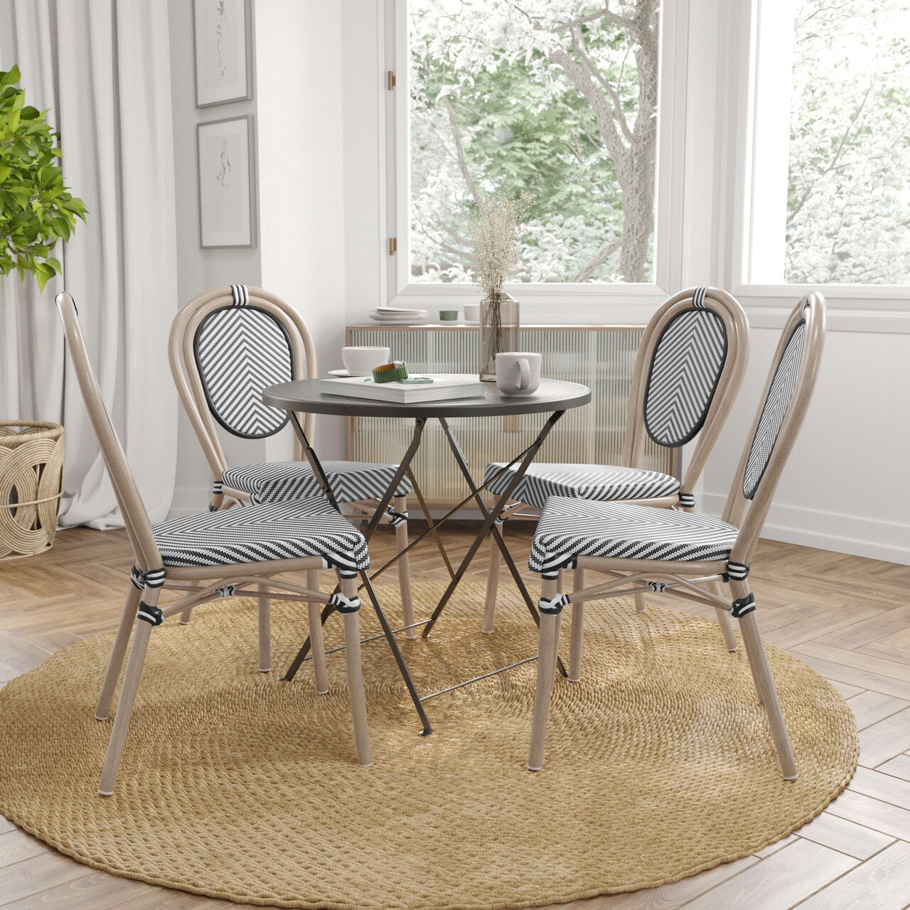 Merrick Lane Mael Set of Four Stacking Thonet Bistro Style Chair with Textilene Seat and Bamboo Finished Metal Frame for Indoor/Outdoor Use
